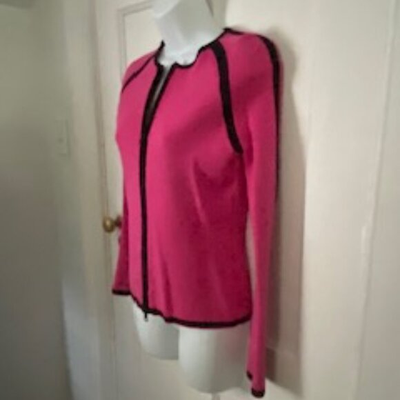 Women's Pierre Cardin Fuchsia Zip Cardigan with Black Trim, Size S - Picture 3 of 6